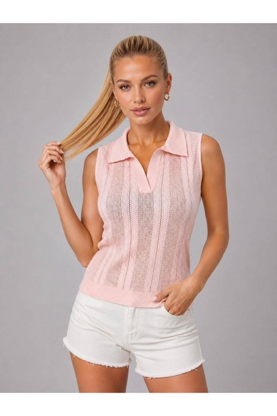Arbucky Women's Polo Neck Openwork Sleeveless Knitwear Blouse