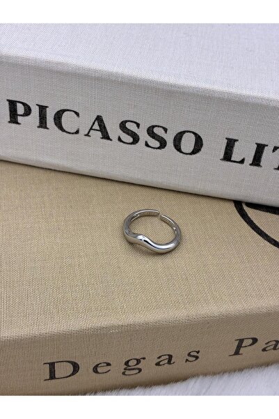 Hedef Bijuteri Silver Color V Curved Adjustable Brass Ring T1