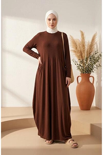 sefamerve Sandy Fabric Pocket Hijab Dress 5656-04 Brown