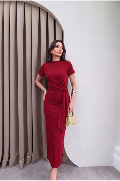 ALFUDO Moda Collection Ženska bordo midi haljina sa okruglim izrezom, kratkim...
