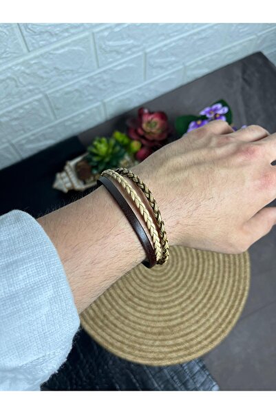 WAKHA Brown and Beige Braided Leather Detailed Multiple Men's Bracelet