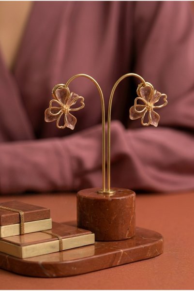 U&Gi Moda Women's Elegant Coffee Gold Mine Detailed Flower Pattern Steel Earrings