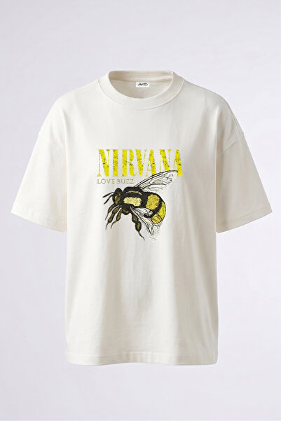 Anetos Nirvana Bumblebee dizajn, pamučna bela majica sa leđnim printom, oversize