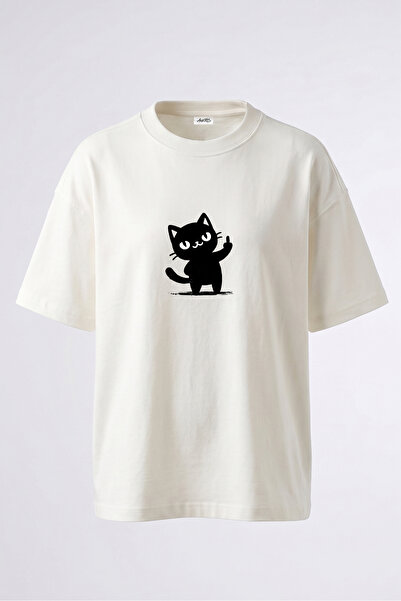 Anetos Tricou oversize alb din bumbac cu imprimeu pe spate Cat Medium Toege D...