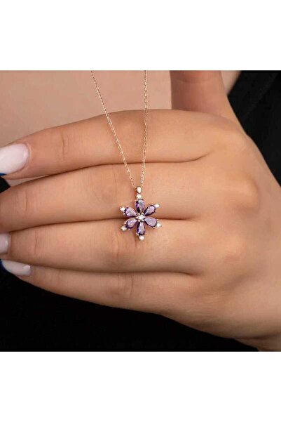 OGHAMAY Gold Color Purple Drop Stone Lotus Camellia Flower Steel Necklace - 3418