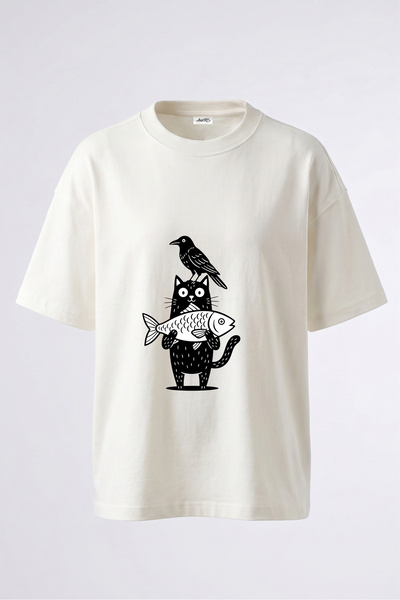 Anetos Tricou oversize alb din bumbac cu imprimeu pe spate Cat Fish Bird Design