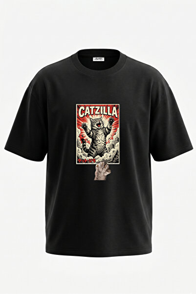 Anetos Catzilla Design Spate cu imprimeu Bumbac Negru supradimensionat tricou