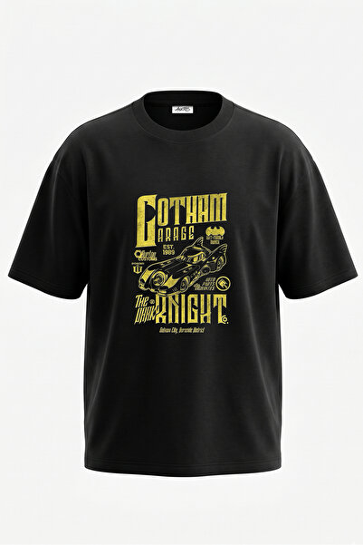 Anetos Batman Batmobile Design Back Printed Cotton Black Oversize T-Shirt