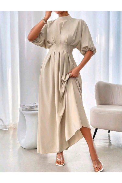 kendii modamm Black/Cream Crepe Fabric Long Dress with Waist Detail – High Collar, Hidden Zipper, Oversized Fit Stylish Dress