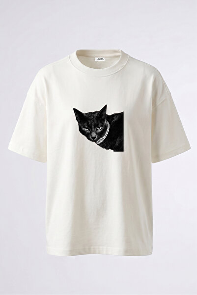 Anetos Tricou oversize alb din bumbac cu imprimeu pe spate Diamond Cat Design