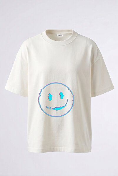 Anetos تي شيرت قطني أبيض كبير الحجم مطبوع عليه تصميم Glitch Sewn Smiley