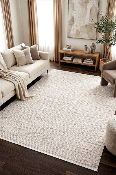 VEJA HOME Vista Modern Yatay Çizgili Krem Bej Halı Salon Mutfak Yolluk