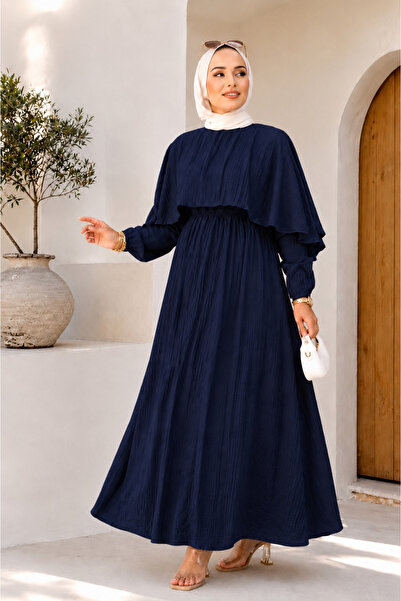 ASTEMİA Women's Cape Detailed Lined Seersucker Long Summer Hijab Dress Sb0043
