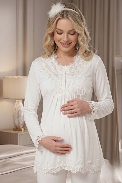 Pelin Women's Ecru Lace New Season Long Sleeve Maternity Pajama Set