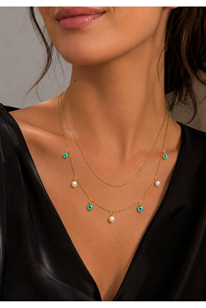 316 L çelik Steel Necklace with Pearls and Turquoise Stones