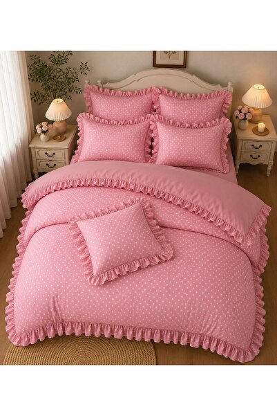 DüşEvi Ruffle Detailed Polka Dot Duvet Cover Set Soft Textured Cotton Double ...