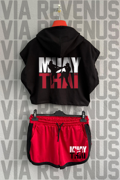 Vordevia Set sport pentru femei, cu glugă, 100% bumbac, cu imprimeu Muay Thai...