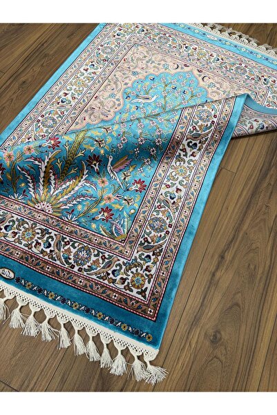 Neşem Halı Boutique KS7077 TURKUAZ KREM İRAN İPEK SECCADE HALIMIZ İPEK SAÇAK