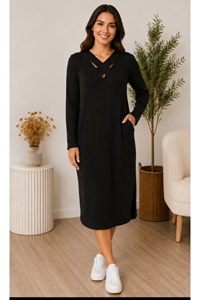 NO BRAND Rochie Damă Midi Reiată Neagră, Mărimea XL, Decolteu cu Barete Încru...