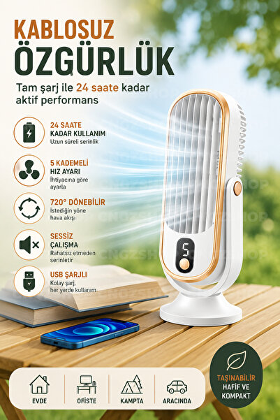 CNGZSHOP Şarjlı Çift Fanlı Vantilatör 5 Kademeli 720° Dönebilir USB Şarjlı Ma...
