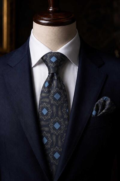 Kravatkolik Navy Blue Smoked Shawl Patterned Classic Tie with Handkerchief Kk...