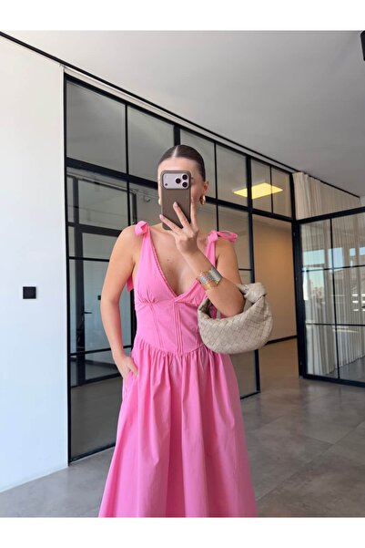 BB Bensu Buyruk Tie-Up Lace Embroidered Cotton Dress Pink