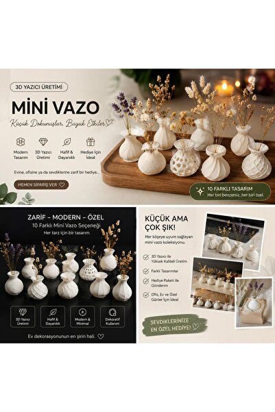 3D * Dekoratif Mini Vazo Seti 10’lu – Modern ve Minimal Tasarım