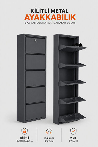 Alıç Kilitli Metal Ayakkabılık Dolabı 5 Kapaklı Duvara Monte Ergonomik Tasarı...