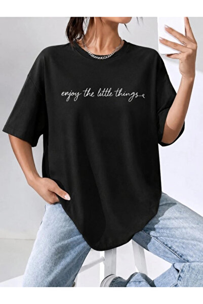 Butik Women's Short Sleeve Basic Viscose Blouse with Text Print on the Front