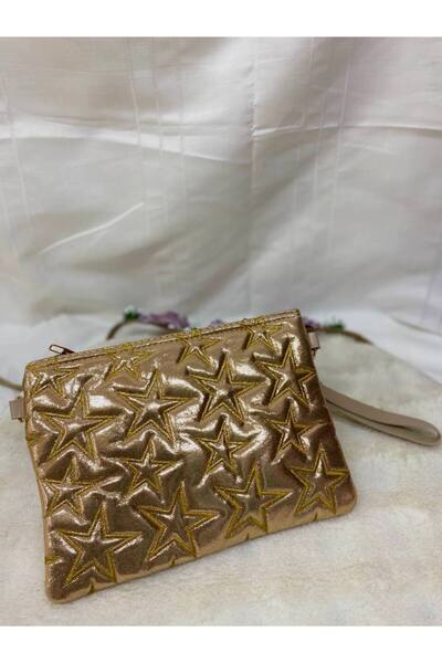 Yıldız Desenli Portföy El Çantası Bilek Askılı Clutch Çanta