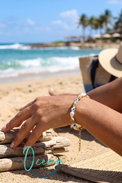 OceanDesign Seashell Evil Eye Beaded Women's Bracelet, Summer Bohemian Handma...