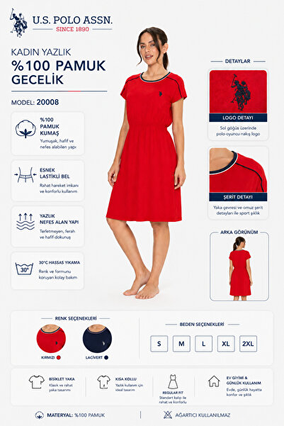U.S. Polo Assn. Women's Cotton Nightgown Summer Home Dress Short Sleeve Elast...