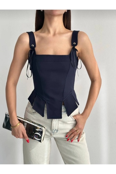 ECK MODA Ženska bluza s korzetom, remenčićima na leđima i detaljima sa patent...