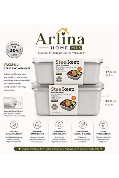 Arlina Home Kids 304 Stainless Steel 2-Piece Vacuum Storage Container Gray