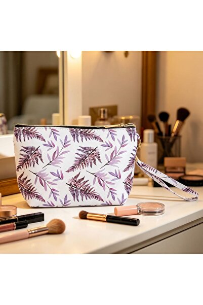 idei Geantă Cosmetică PU cu Imprimeu Frunze Violet, Husă Machiaj Portabilă cu...