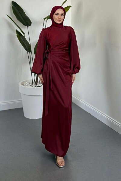 mf venessa Balloon Sleeve Satin Evening Dress with Waist Tie