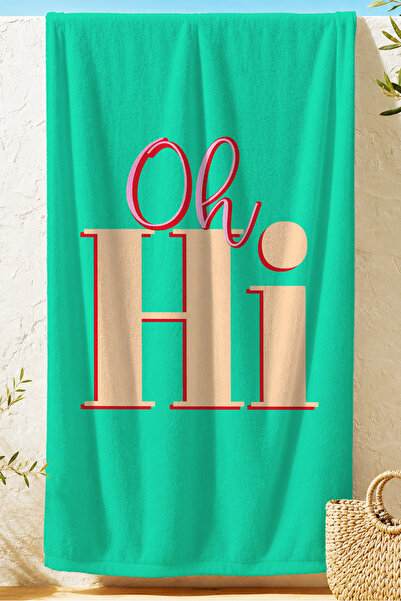 Evimde Bambaşka Prosop de plajă cu text „Oh Hi Motto” - Tipografic, verde men...