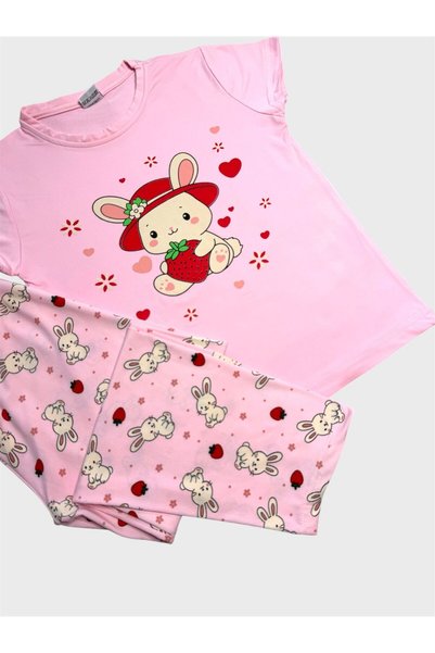 ALİŞ KİDS Pink Rabbit Pattern Short-Sleeved Crew Neck Summer Pajama Set with Cotton for Girls and Mother