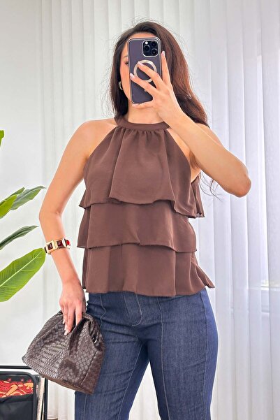Hipo Trend Layered Ruffle Detail Sleeveless Coffee Blouse