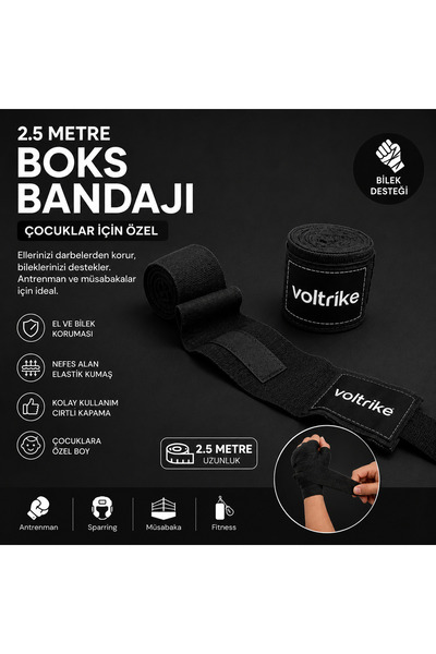 Voltrike Çocuk Boks-Kickbox-Muay Thai-Sanda El Bandajı Siyah 2.5 Metre