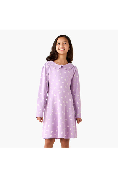 Juniors Peter Pan Collar Long Sleeves A-Line Dress with Heart Print