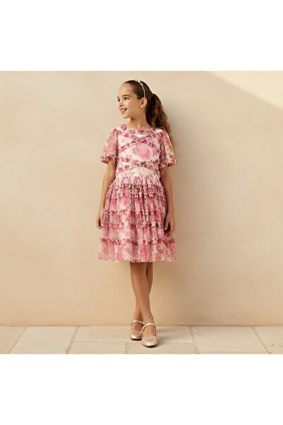Juniors Round Neck Short Sleeves Tiered Dress with Ruffle and Floral Print