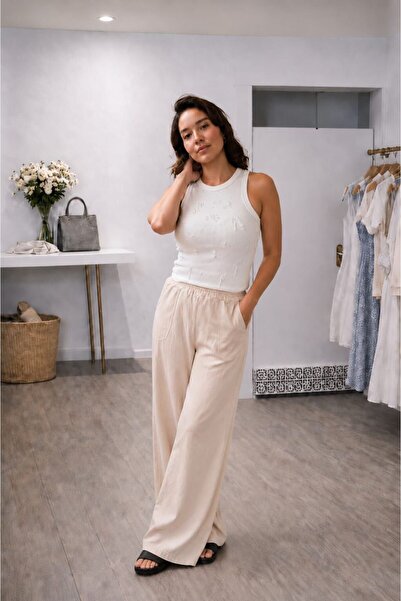 MARE BUTİK Elastic Waist Wide Leg Linen Trousers - Beige