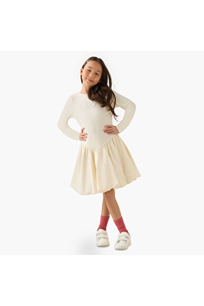 Juniors Round Neck Long Sleeves Knee Length Dress with Embellishments