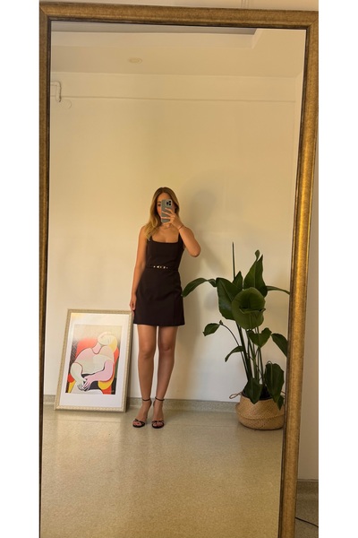 Butik KAHVE KARE YAKA KENER DETAYLI ELBİSE