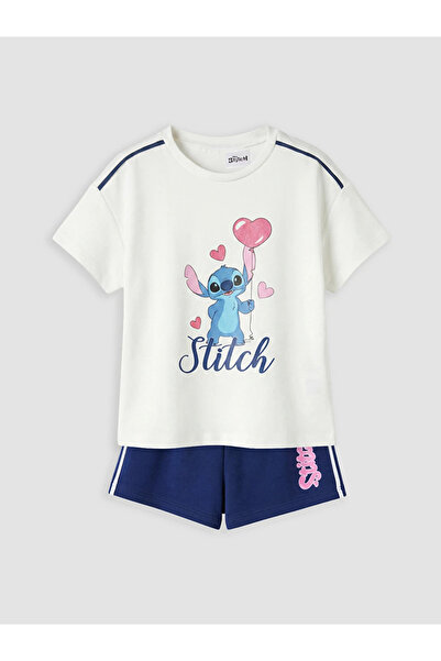 LC Waikiki Beyaz Stitch Baskılı Kız Çocuk Şortlu Takım