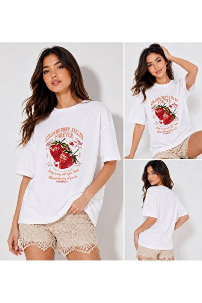 ENB1R MODA Ženska premium bela majica sa printom Strawberry Fields Forever i ...