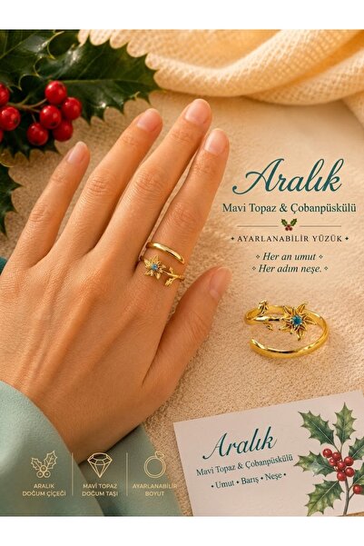 Gümüşistan 925 Ayar Gümüş Aralık Ayı Mabi Topaz & Çobanpüskülü Doğum Çiçeği Yüzüğü