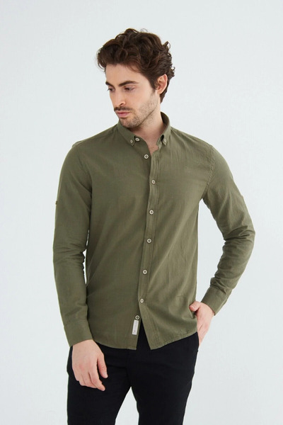 SKYMOOD Dark Khaki Modern Slim Fit Linen Look Flam Long Sleeve Men's Shirt (L...