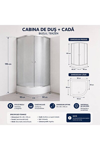TEKZEN Cabină de duș semirotundă cu cădiță acrilică, sticlă tip buzlă, 90 x 90 x 195 cm,